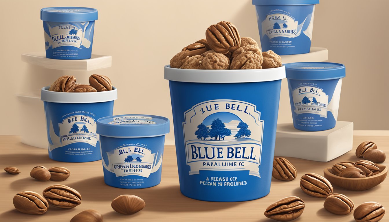 A tub of Blue Bell Pecan Pralines 'n Cream ice cream surrounded by pecans and pralines, with the Blue Bell logo visible