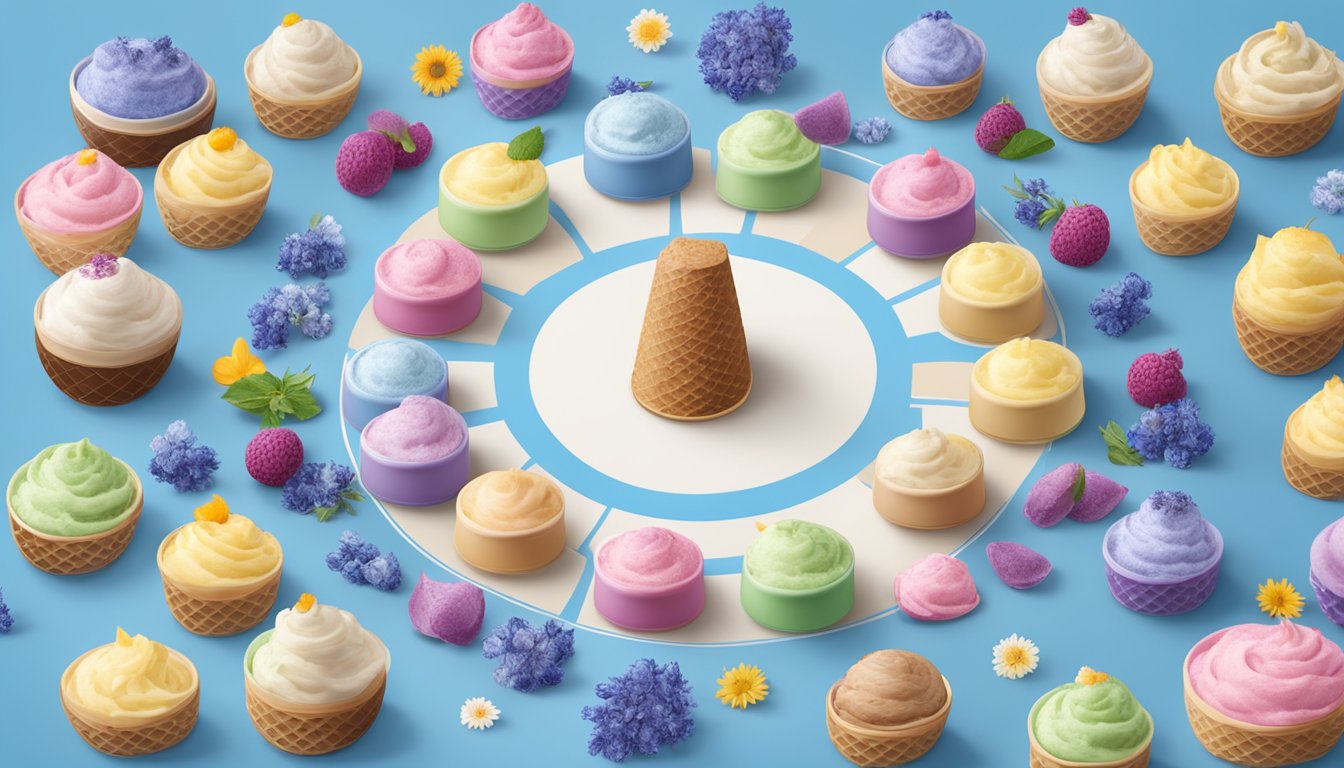 A colorful array of Blue Bell ice cream flavors arranged in a circular pattern, each representing a different month of the year with corresponding seasonal ingredients and decorations