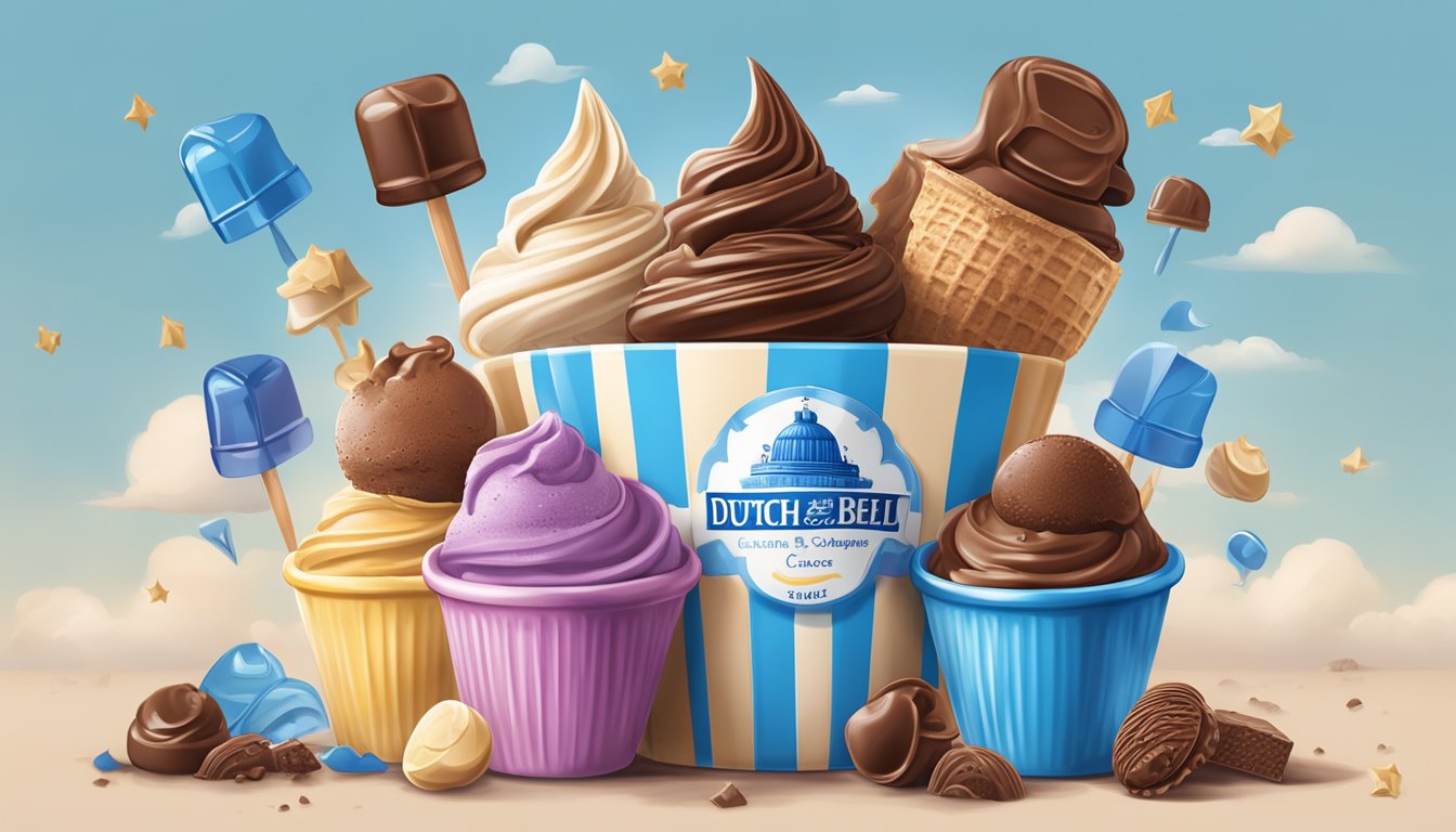 A colorful display of Dutch Chocolate ice cream surrounded by 12 iconic Blue Bell symbols and imagery