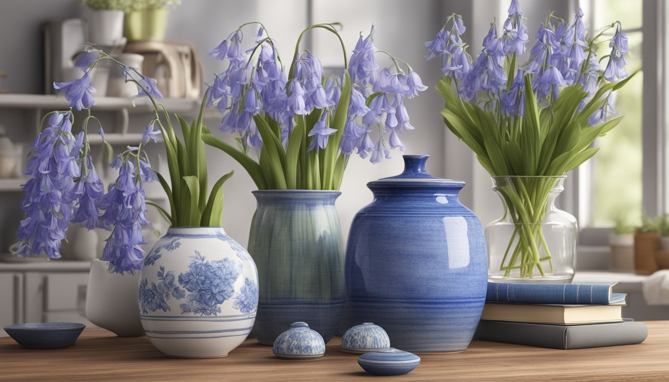 A ceramic bluebell vase sits on a rustic wooden table surrounded by bluebell-inspired home decor items