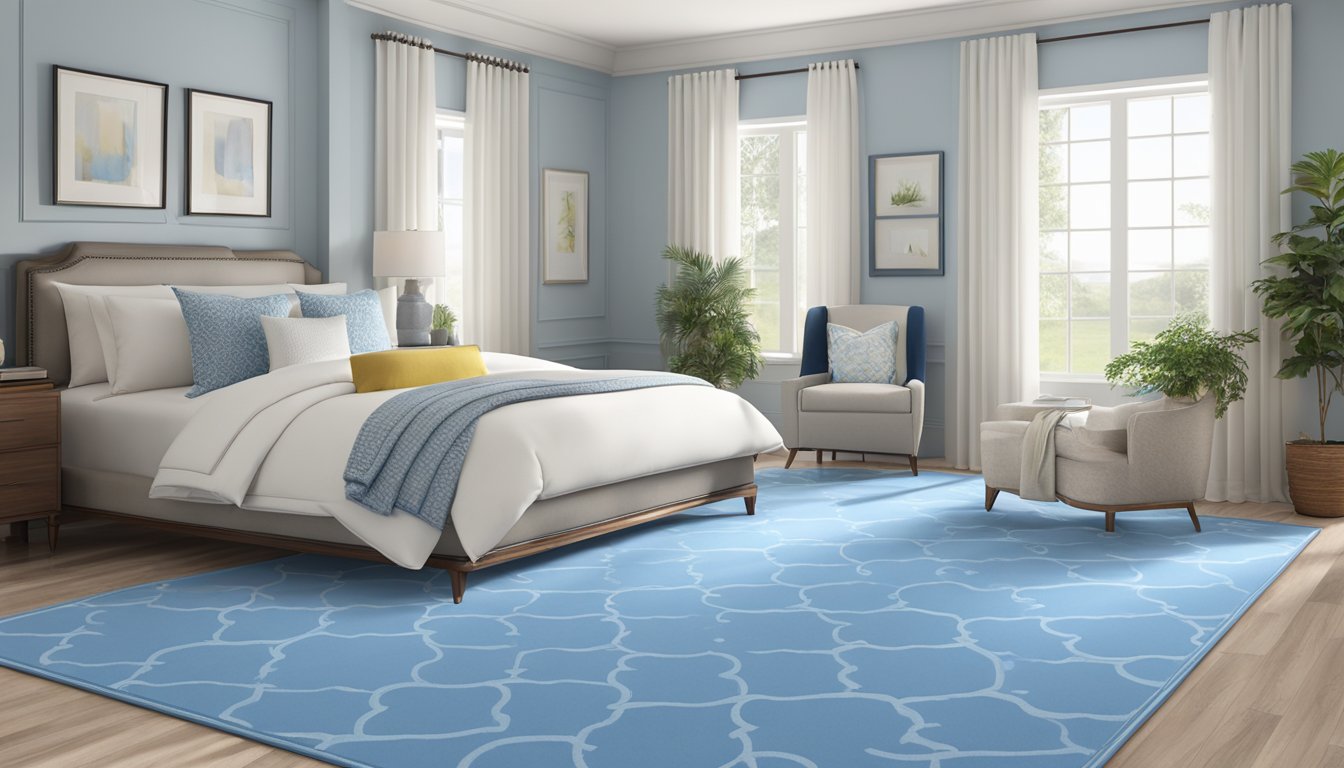 A sky blue area rug anchors a room with blue bell-inspired decor