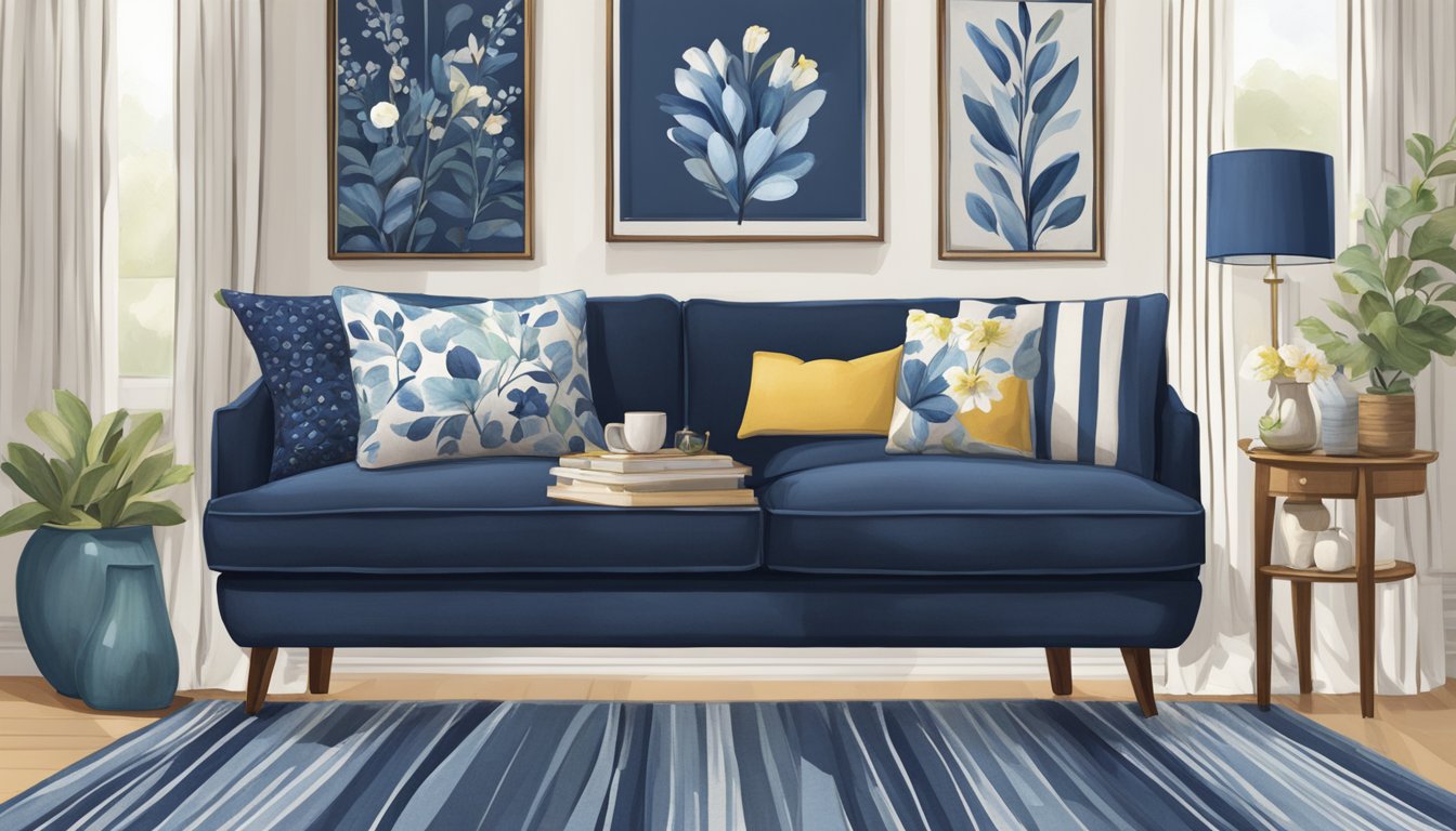 A cozy navy linen sofa with blue bell-inspired decor accents