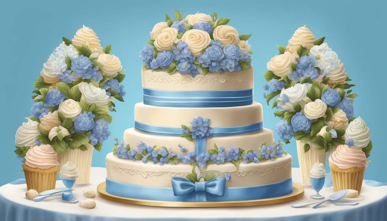 A grand wedding cake adorned with Blue Bell ice cream motifs and surrounded by enthusiastic fans