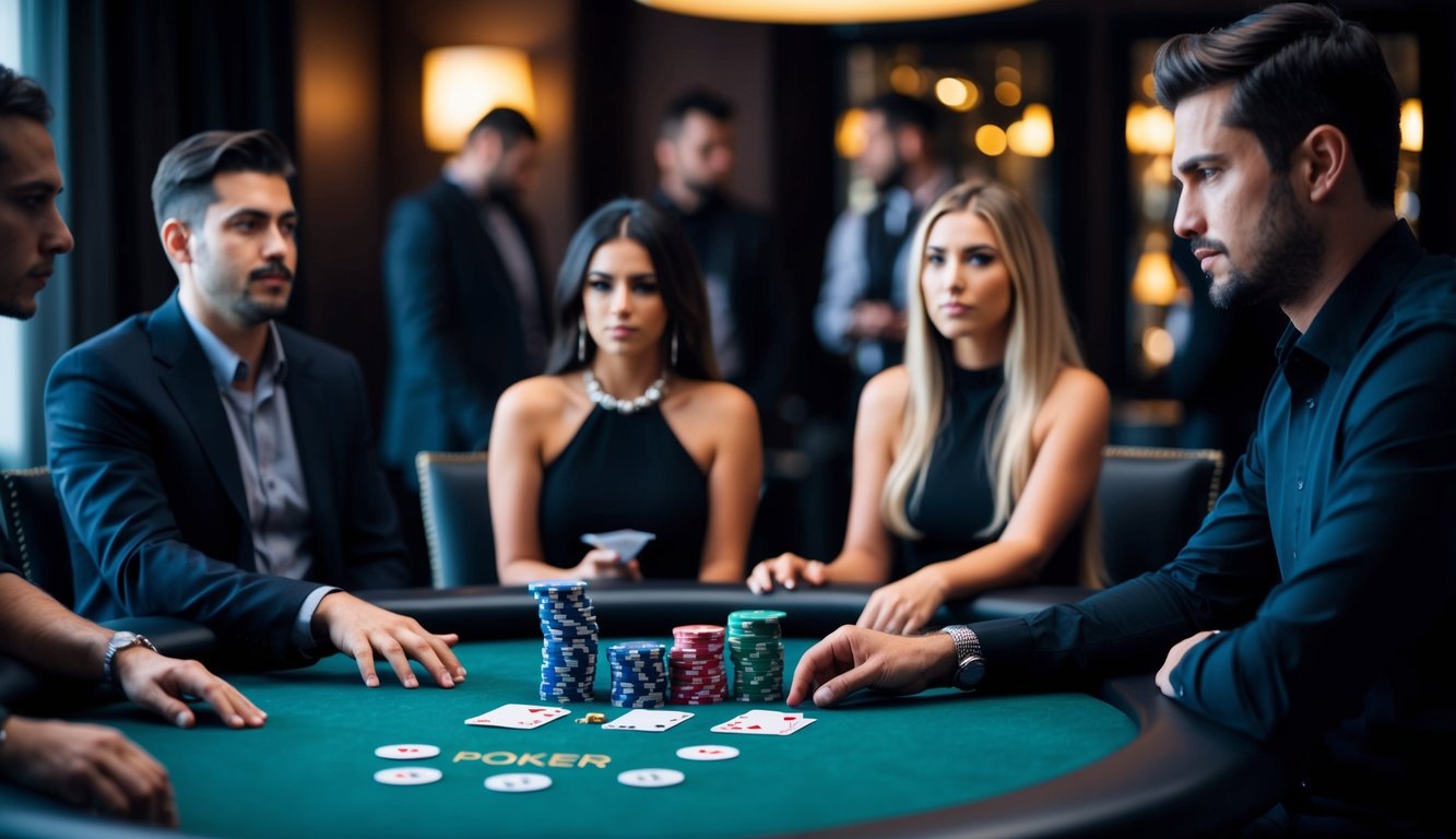 Sebuah meja poker dengan kartu dan chip, dikelilingi oleh pemain dengan ekspresi fokus, terletak di ruangan yang redup dengan suasana yang canggih