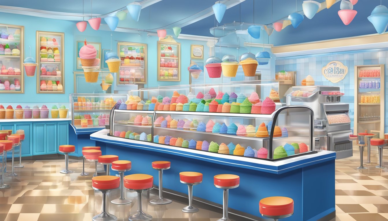 A colorful ice cream parlor with a display of various Blue Bell flavors, including the popular Strawberry Supreme. Customers enjoying cones and cups