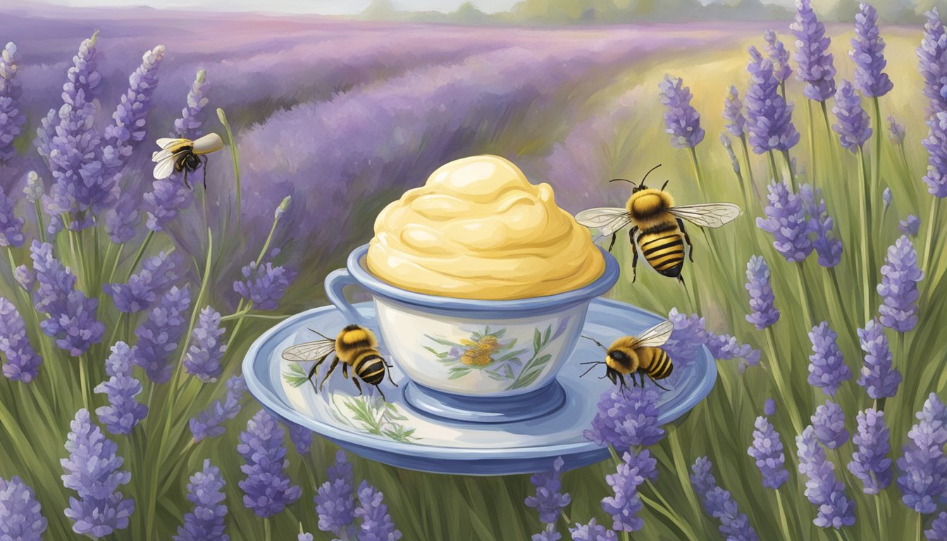 A buzzing bee hovers over a field of blooming lavender, while a honey pot sits next to a scoop of creamy bluebell ice cream