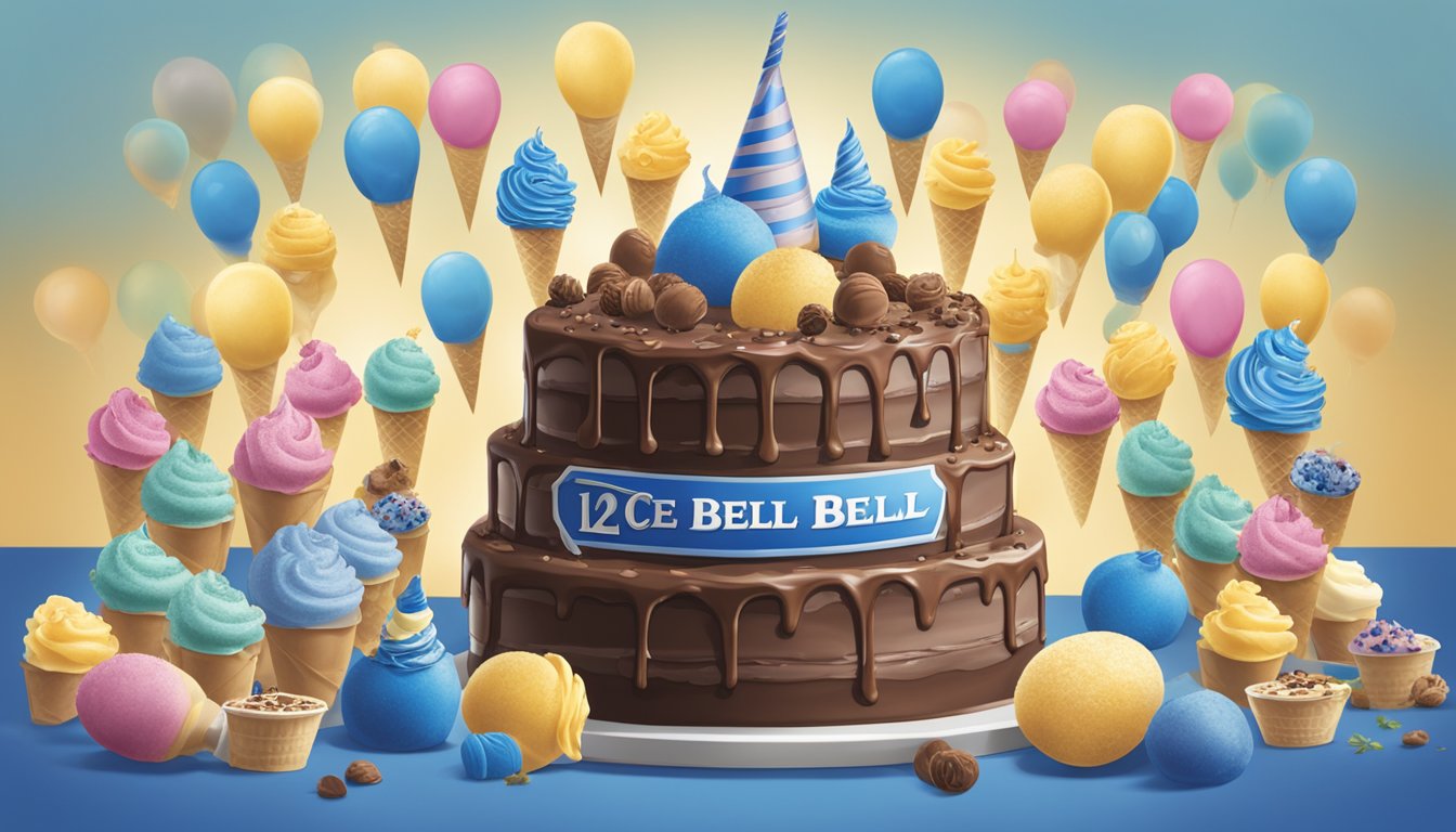 A birthday cake surrounded by 12 iconic Blue Bell ice cream flavors, with the Blue Bell logo prominently displayed