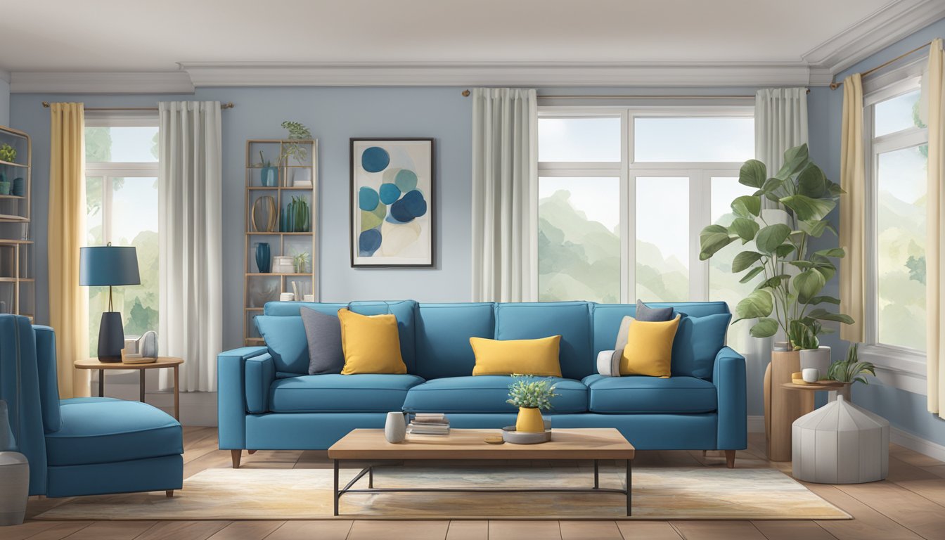 A cozy living room with a blue bell-colored sofa surrounded by complementary colored throw pillows and accents