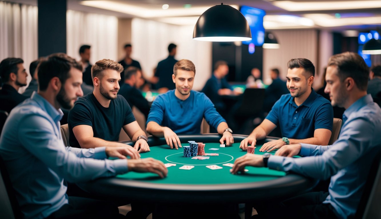 Sekelompok pemain poker berkumpul di sekitar meja virtual, masing-masing dengan komputer atau perangkat seluler, dengan antusias memasang taruhan dan merencanakan langkah selanjutnya.