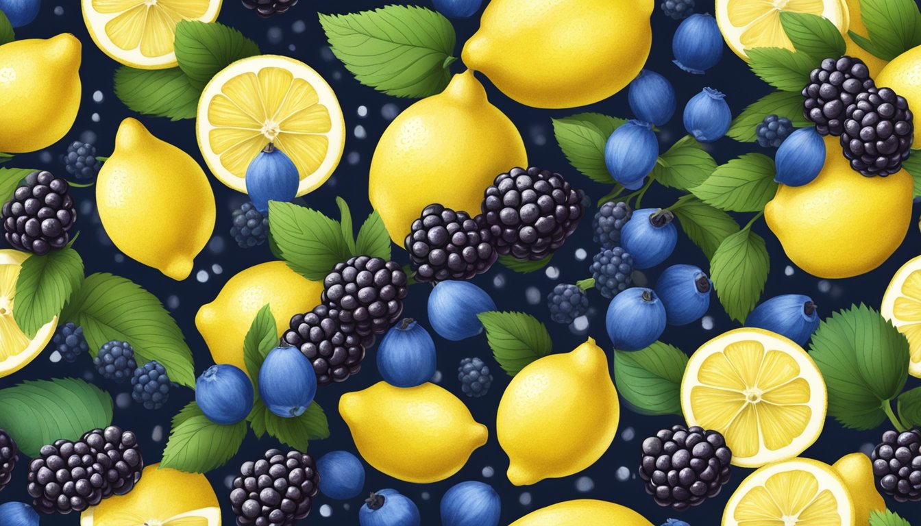 A vibrant bowl of fresh blackberries and lemons, with a hint of zest, surrounded by seven blue bells in different shades