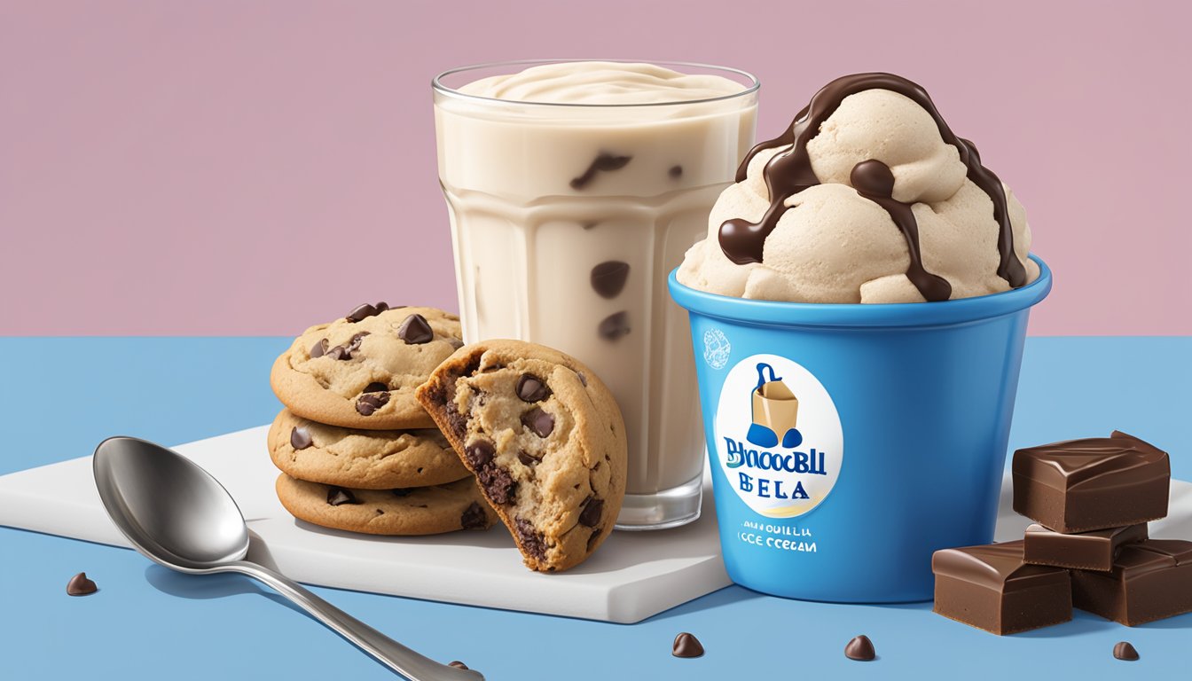 A glass of milk sits next to a bowl of chocolate chip cookie dough ice cream, surrounded by Blue Bell logos and a spoon