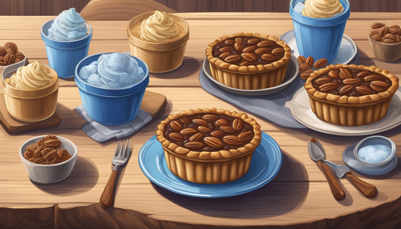 A rustic wooden table adorned with a decadent pecan pie surrounded by seven different flavors of Blue Bell ice cream