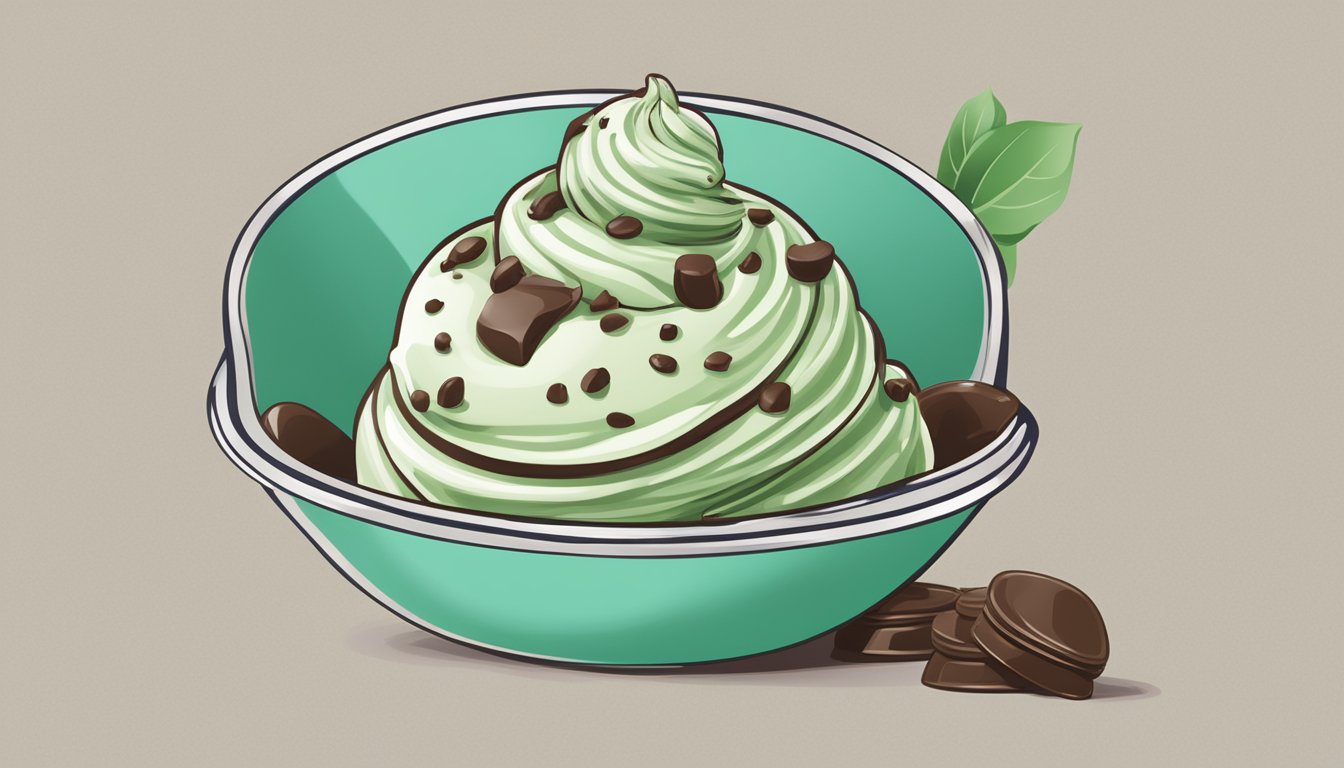 A bowl of mint chocolate chip ice cream with a Blue Bell logo on the carton