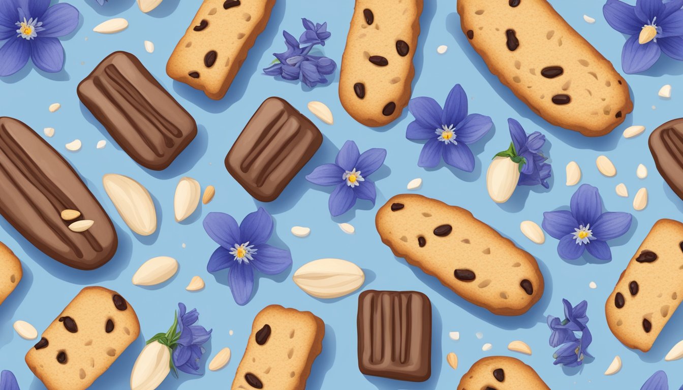 A plate of cherry almond biscotti surrounded by seven blue bells of different flavors