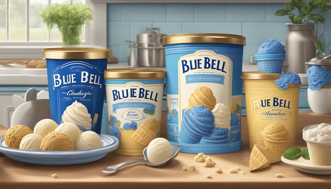 A nostalgic scene of vintage Blue Bell ice cream packaging displayed on a kitchen counter, surrounded by happy memories and summertime vibes