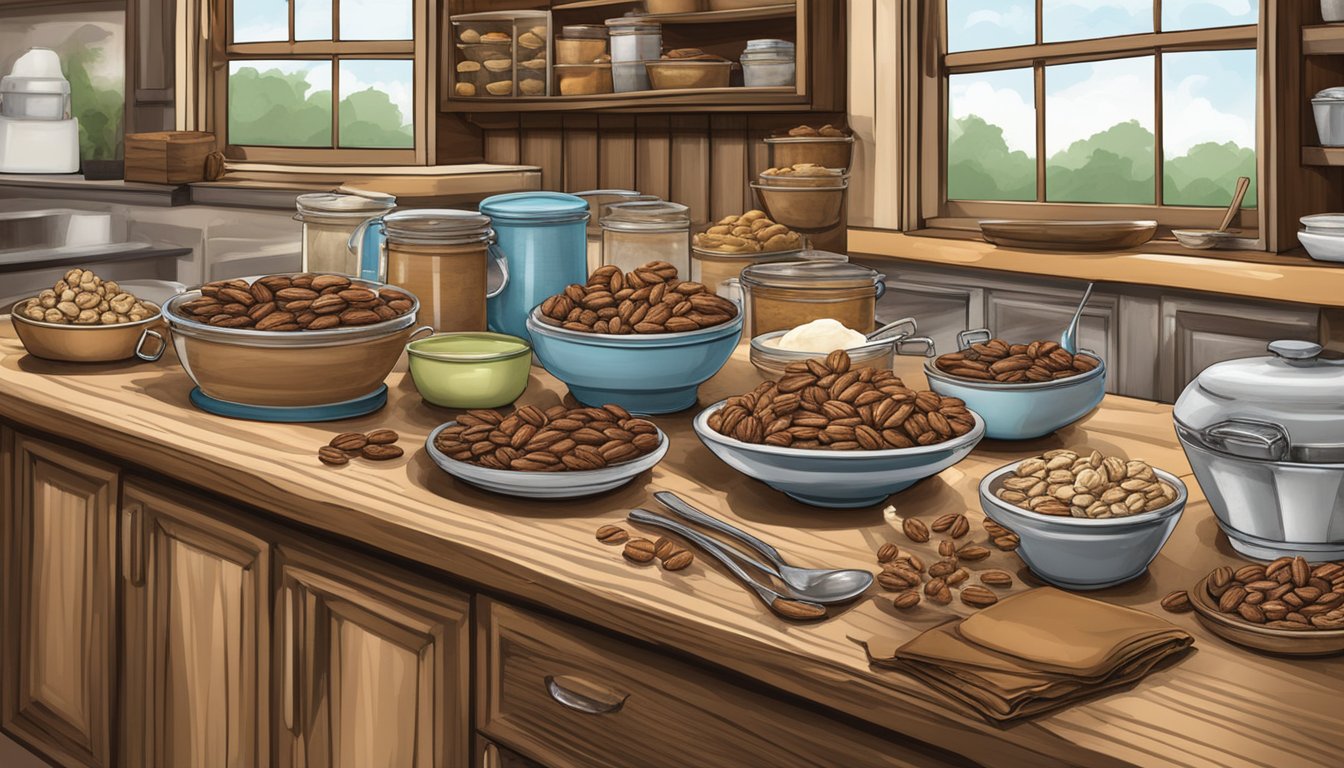 A rustic Texas kitchen with a table filled with pecans, pralines, and a variety of ice cream flavors, including Pecan Pralines 'n Cream