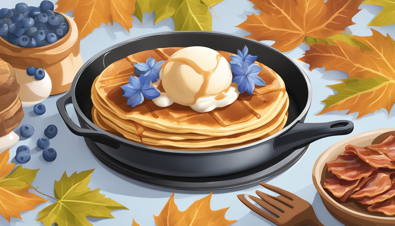 A sizzling skillet holds a stack of maple bacon pancakes topped with a dollop of bluebell ice cream, surrounded by maple leaves and bacon strips