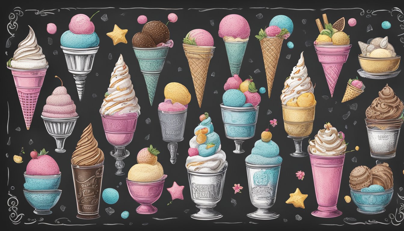 A colorful array of ice cream flavors with whimsical illustrations of their origin stories displayed on a vintage chalkboard menu