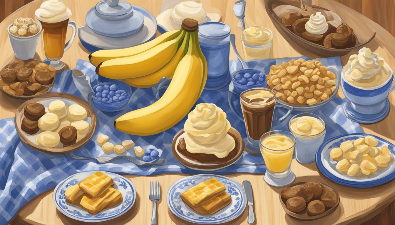 A table set with a spread of Bananas Foster and 15 Blue Bell ice cream flavors, surrounded by Texas cultural symbols like cowboy boots and bluebonnets