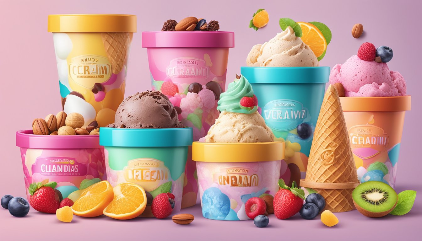 A colorful display of 7 unique ice cream flavors, surrounded by ingredients like fruits, nuts, and candies. Bright, inviting packaging and a sense of creativity and innovation