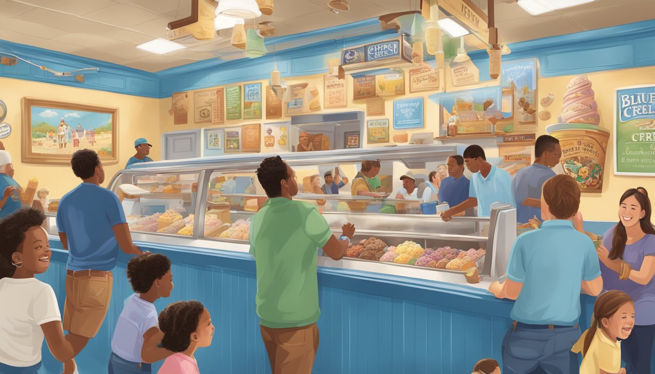 A crowded ice cream shop with people of all ages enjoying Blue Bell flavors, while a mural on the wall depicts the brand's cultural significance