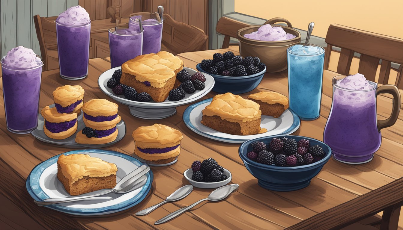 A rustic kitchen table set with a fresh-baked Southern blackberry cobbler surrounded by 15 pints of Blue Bell ice cream flavors inspired by Texas culture