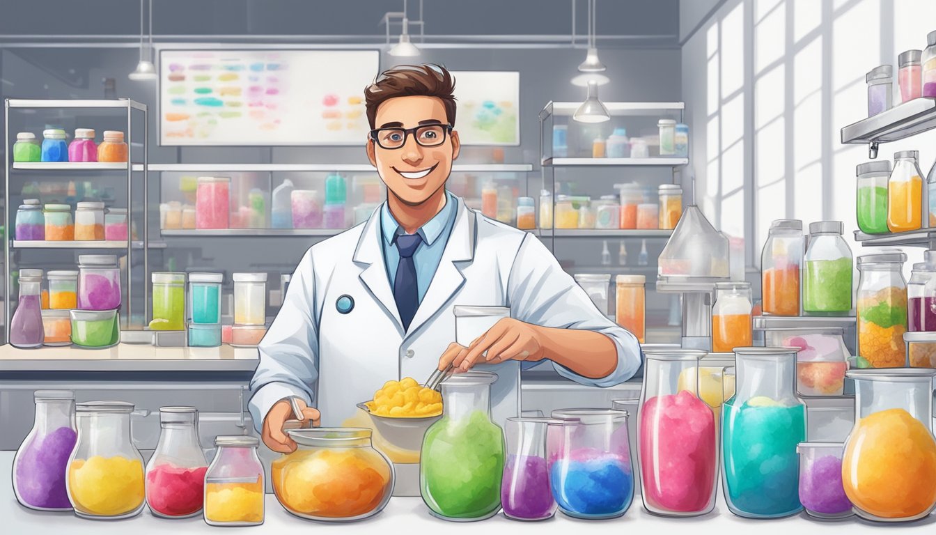 A scientist in a lab mixing colorful ingredients to create new ice cream flavors, surrounded by flavor ideas on a whiteboard