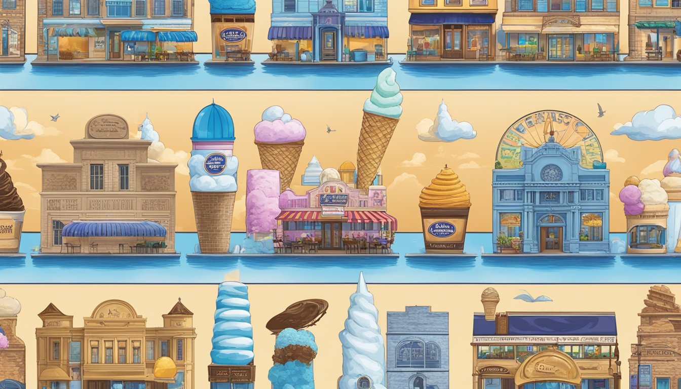 A colorful display of 15 Blue Bell ice cream flavors, each representing a different aspect of Texas culture, set against a backdrop of iconic Texan landmarks and symbols