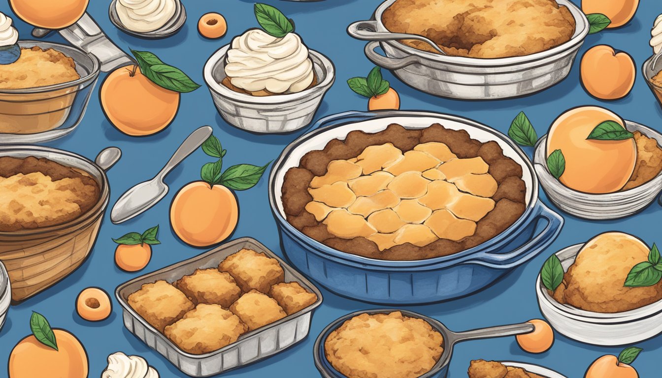 A rustic peach cobbler surrounded by 15 different Blue Bell ice cream flavors, all inspired by Texas culture