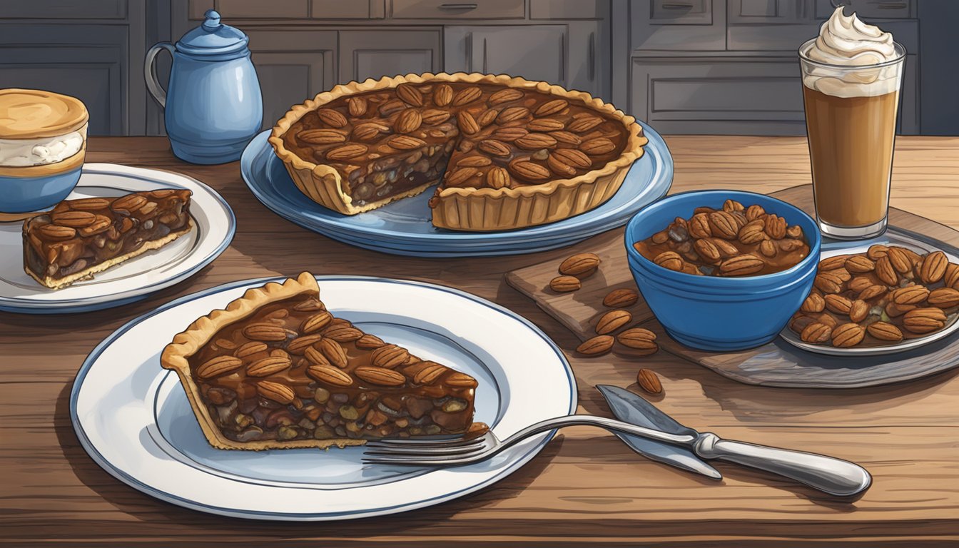 A rustic Texas kitchen with a table set for a feast, featuring a pecan pie surrounded by Blue Bell ice cream flavors