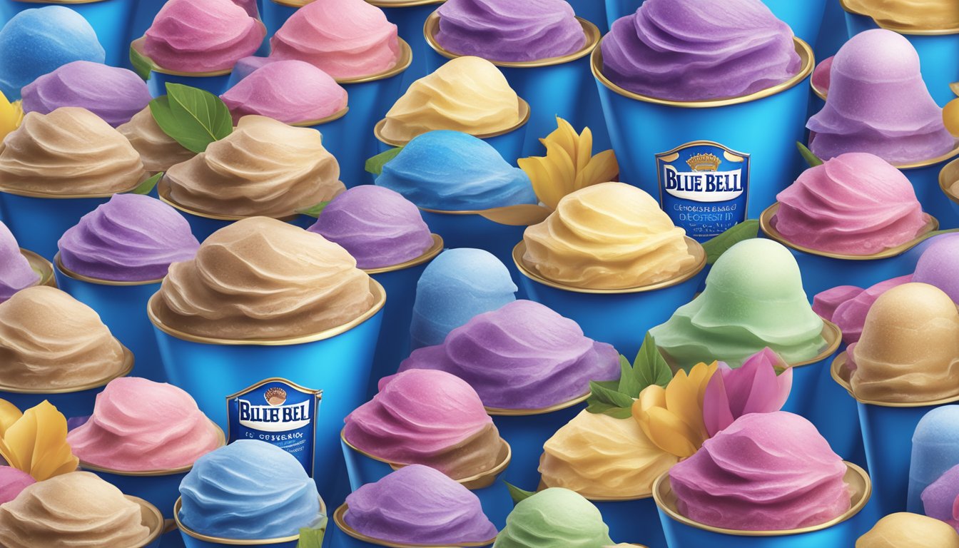 A colorful display of various Blue Bell ice cream flavors arranged in a modern and innovative way, showcasing the brand's creativity and impact on the industry