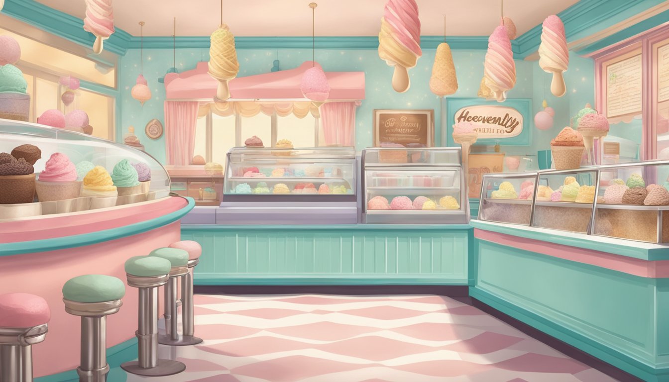 A retro ice cream parlor with vintage decor, pastel colors, and a display of 'Heavenly Hash' ice cream