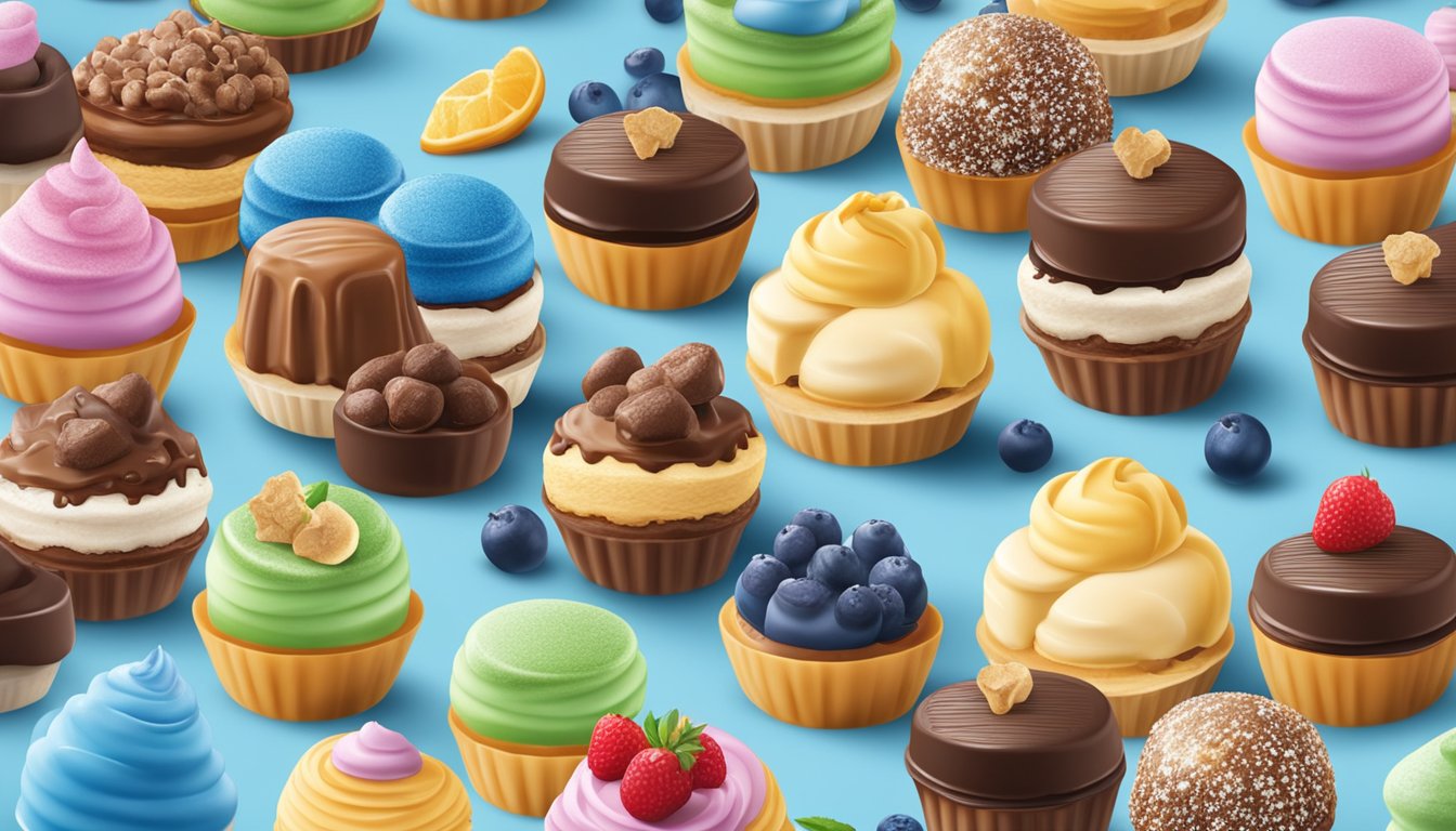 A colorful display of nine different types of cake bites surrounded by various innovative Blue Bell ice cream products