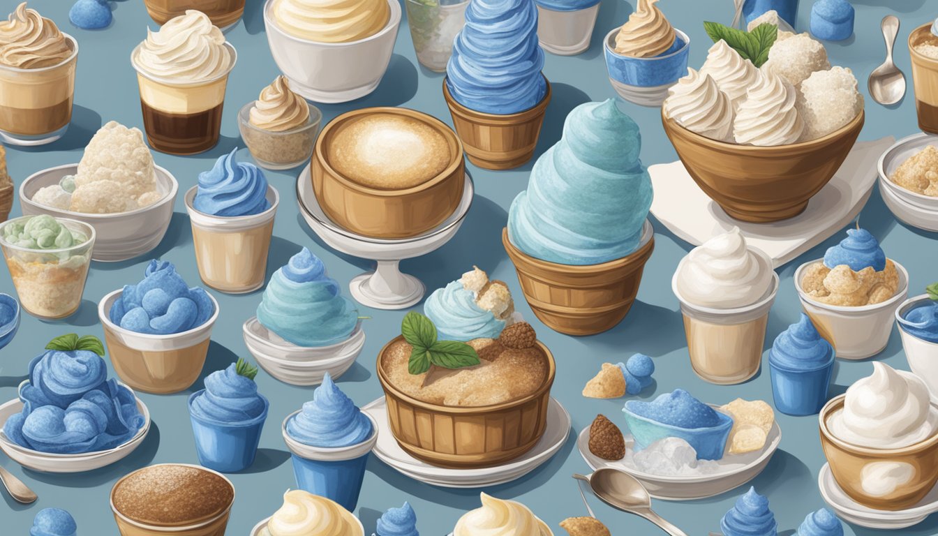 A coastal cafe with 15 Blue Bell ice cream flavors displayed, each inspired by Texas culture