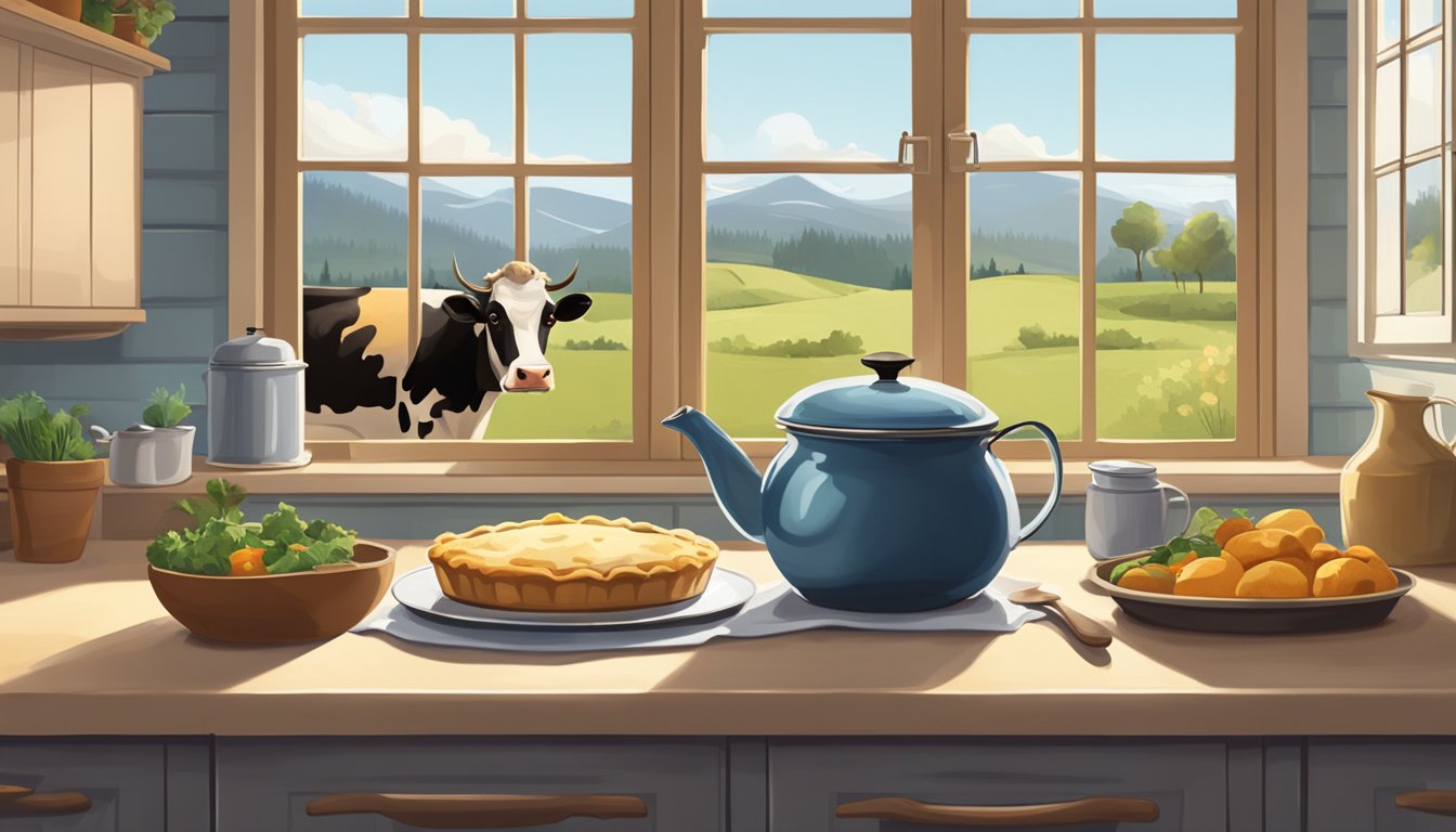 A cozy farmhouse kitchen with a steaming pot on the stove, a pie cooling on the windowsill, and a cow grazing in the background