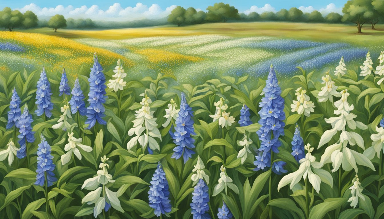 A field of wildflowers with a prominent vanilla plant surrounded by 15 different blue bell flowers, each representing a unique aspect of Texas culture