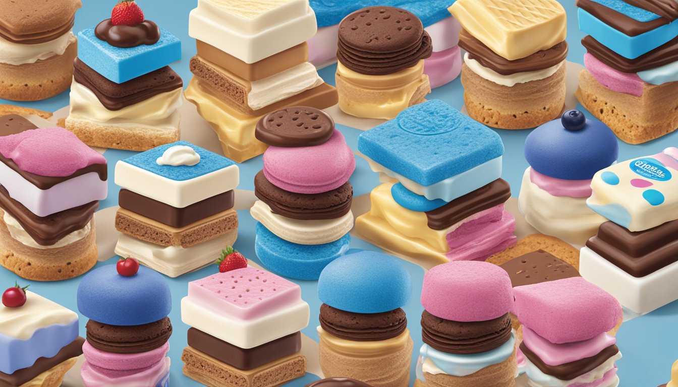 A colorful display of nine different portable ice cream sandwiches, each with unique flavors and toppings, showcasing Blue Bell's innovative contributions to the ice cream industry