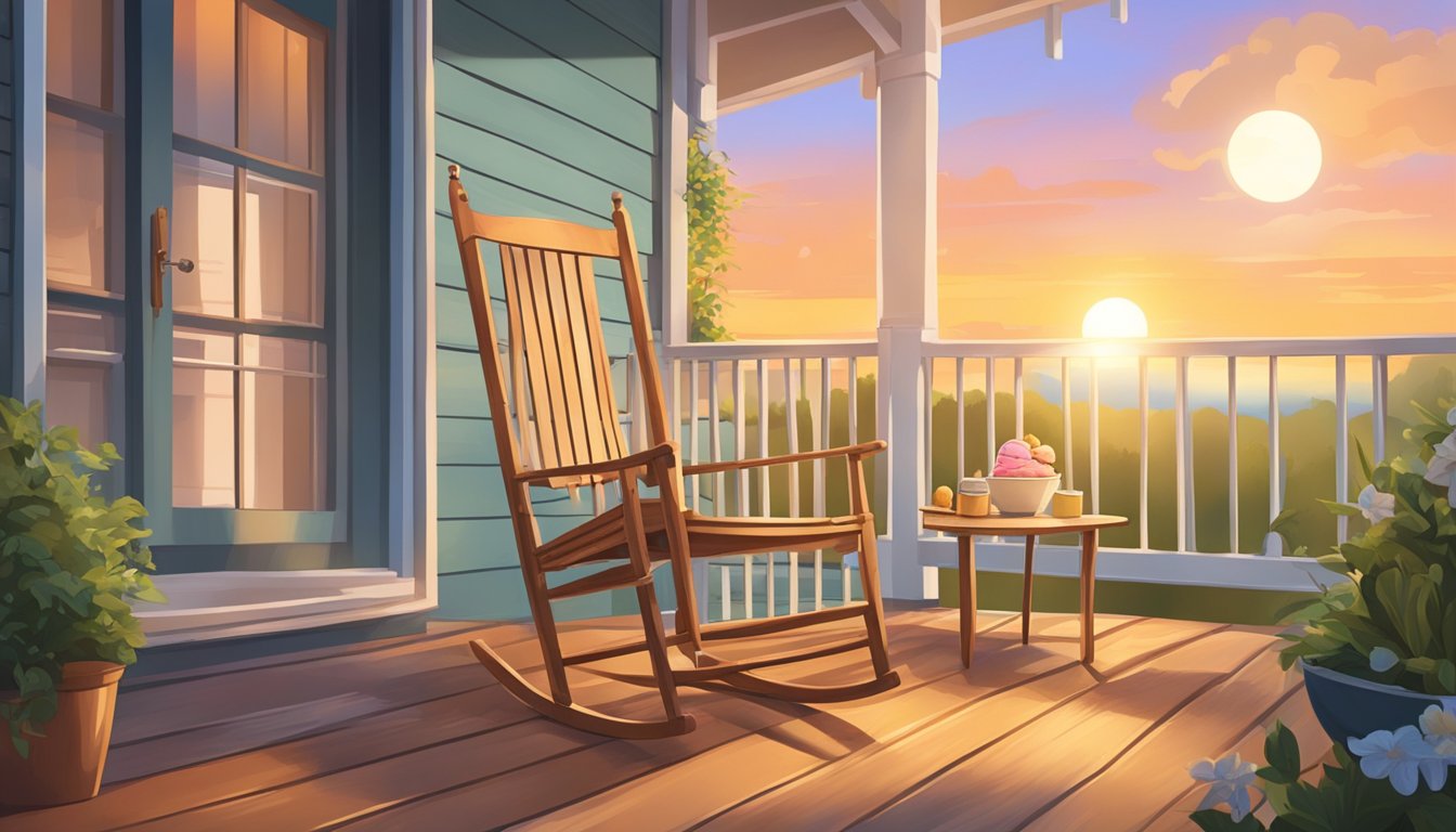 A wooden porch with a rocking chair, a small table, and a bowl of melting ice cream under a warm summer sunset