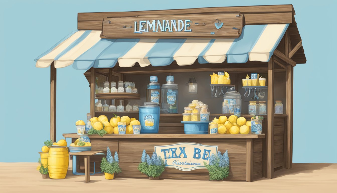 A rustic lemonade stand with Texas-inspired decor and 15 Blue Bell ice cream flavors on display