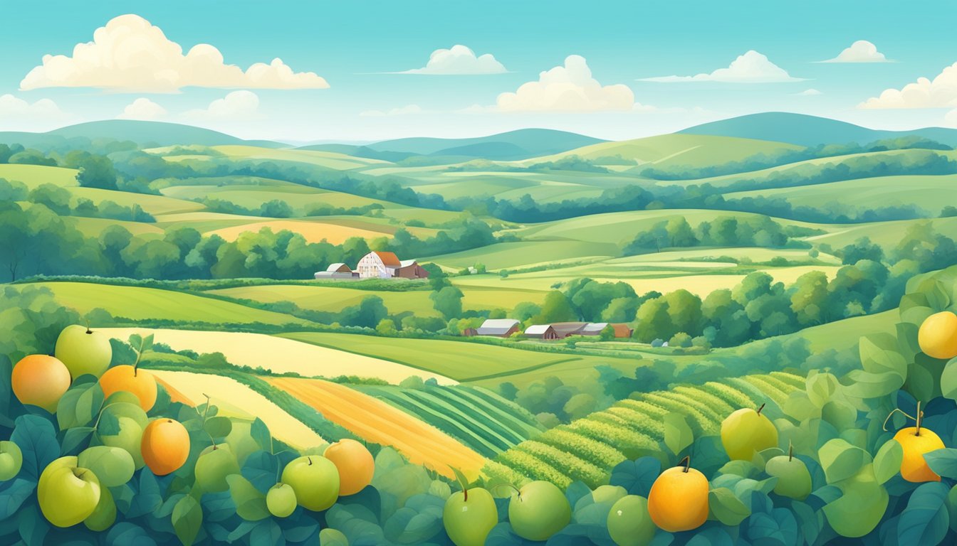 A serene countryside landscape with fields of fresh fruits, dairy farms, and botanical gardens, all under a clear blue sky