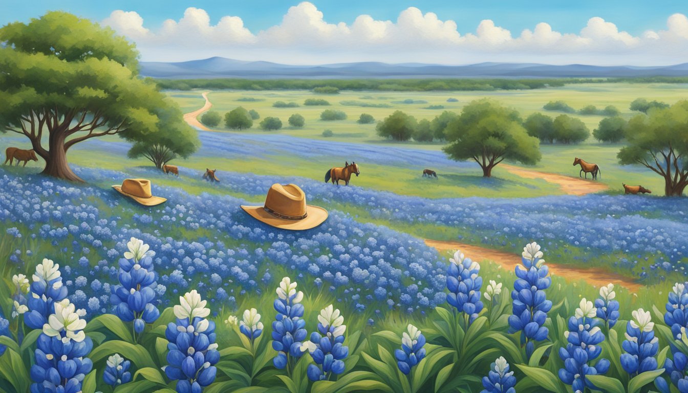 A field of bluebonnets and blueberry bushes surrounded by iconic Texas symbols like cowboy hats and boots, with a backdrop of blue bell flowers