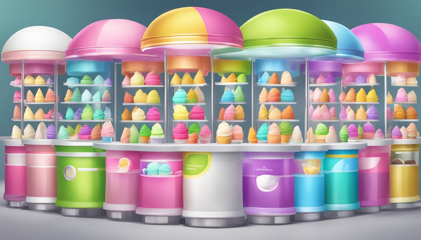 A colorful display of nine unique ice cream flavors with vibrant packaging, surrounded by innovative ice cream production equipment