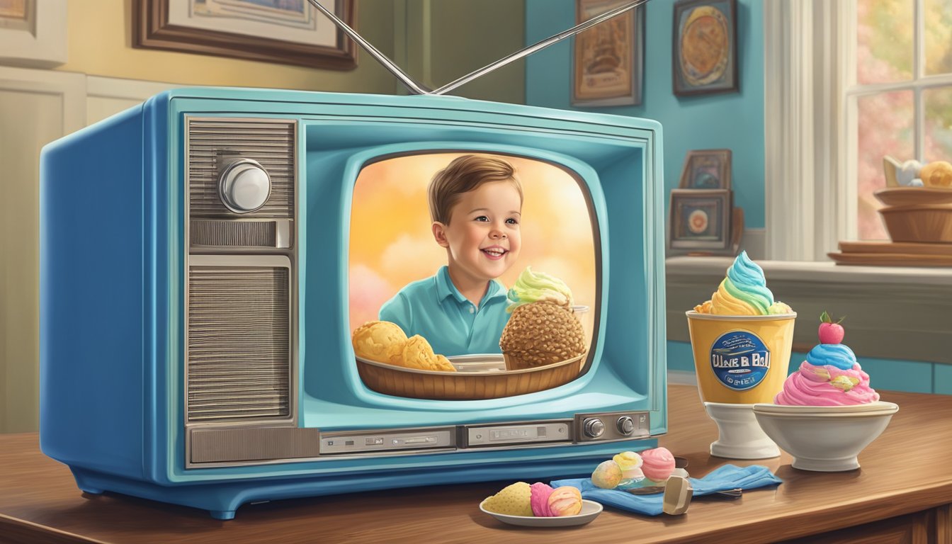 A vintage television set playing Blue Bell ice cream commercials, surrounded by nostalgic memorabilia from the 90s