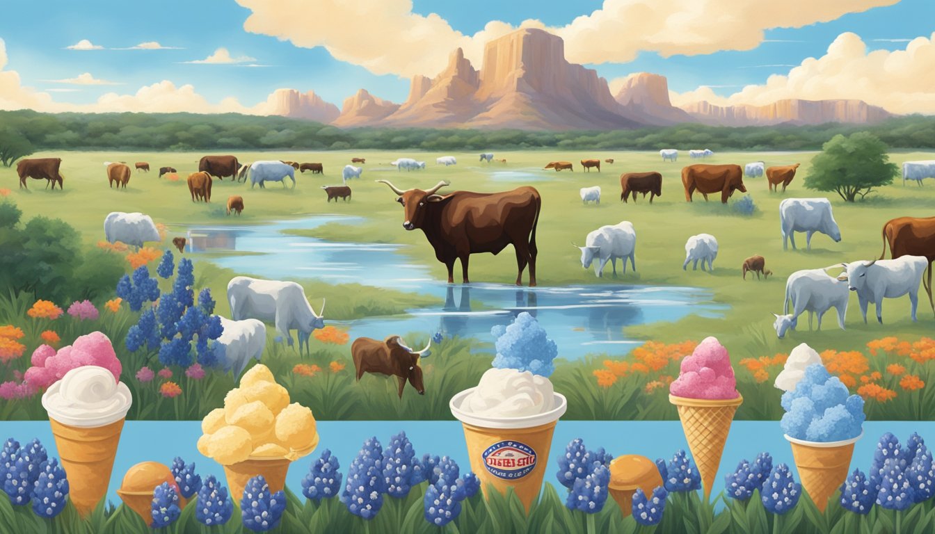 A serene Texas landscape with iconic symbols of the state, such as bluebonnets, longhorns, and the Lone Star flag, surrounded by 15 different Blue Bell ice cream flavors