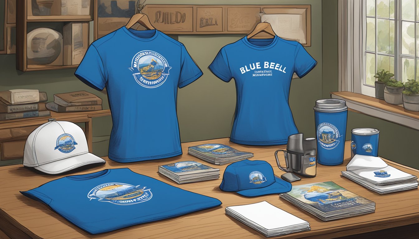 A display of blue bell t-shirts and merchandise items arranged on a table