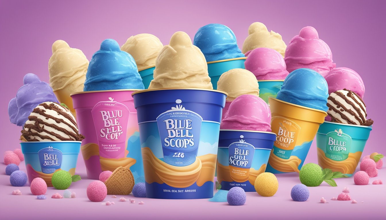 A colorful display of Blue Bell ice cream scoops and merchandise arranged on a vibrant background