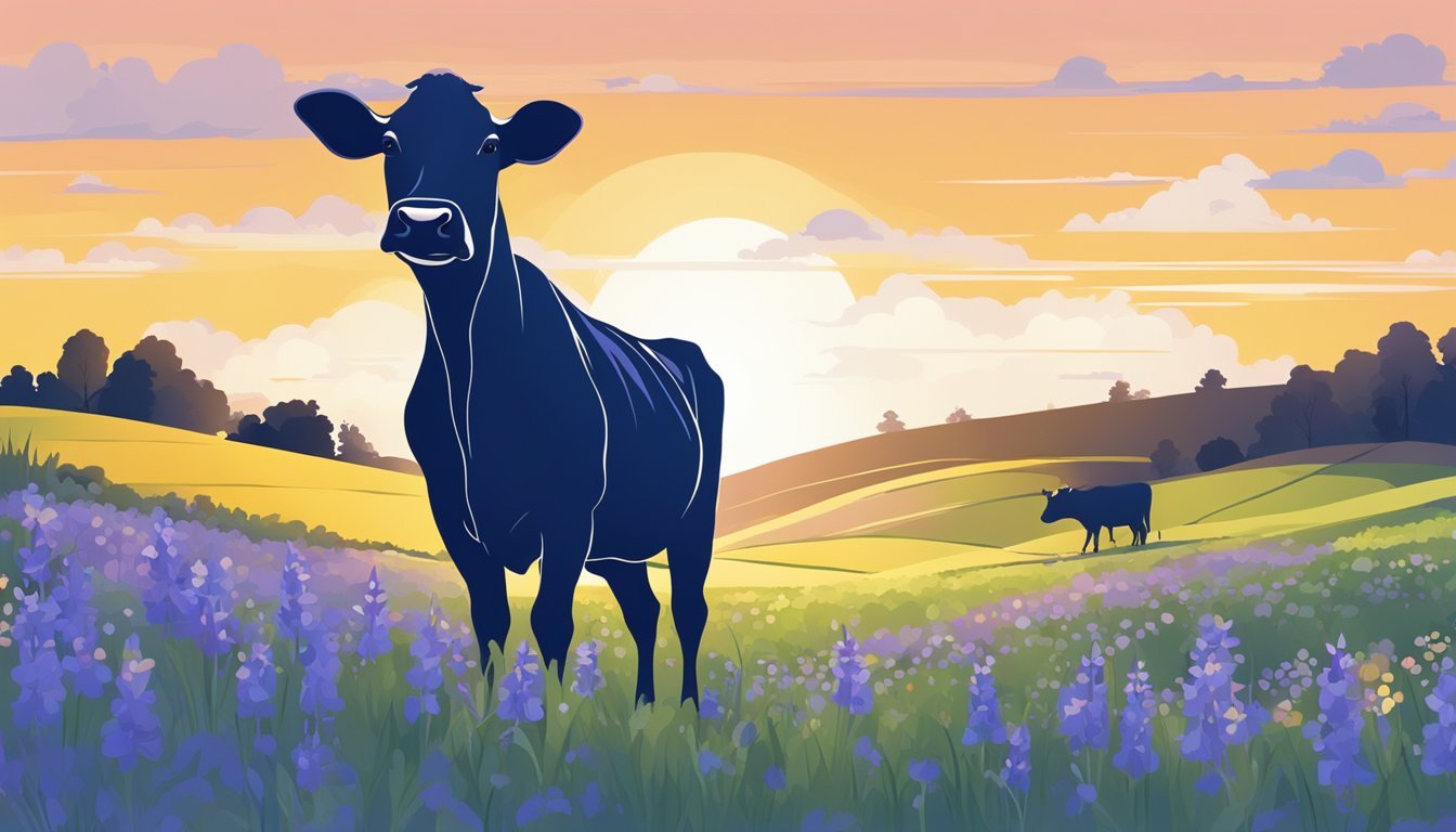 A stylized cow silhouette stands against a bluebell field at sunset, with a clear outline and minimalistic features