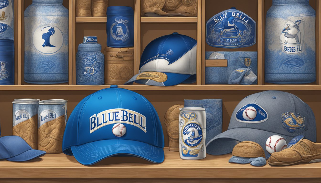 A baseball cap with the Blue Bell logo displayed prominently in the center, surrounded by various Blue Bell merchandise items