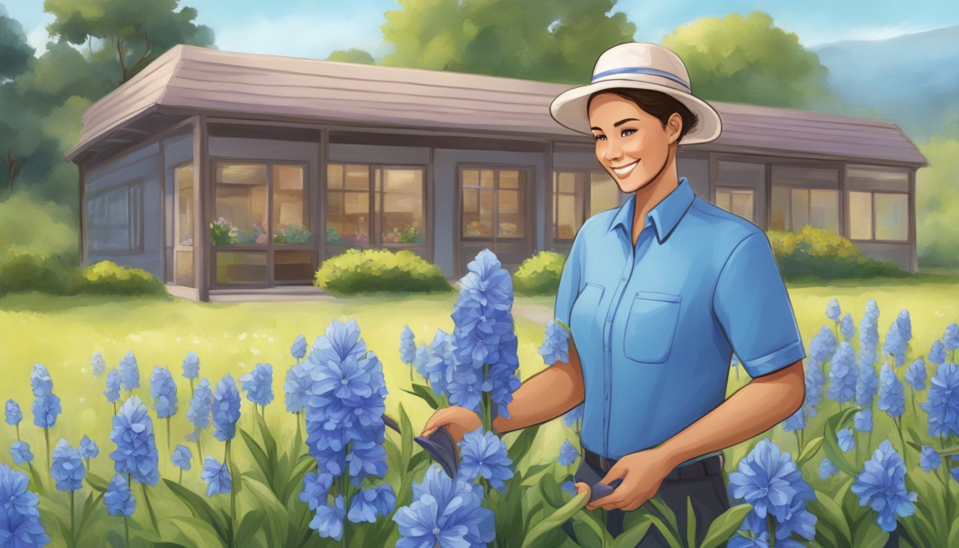 A customer service representative surrounded by blue bell flowers, assisting a customer with a smile