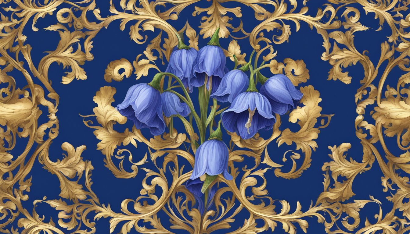 A regal blue bell with intricate gold details stands out against a royal blue background